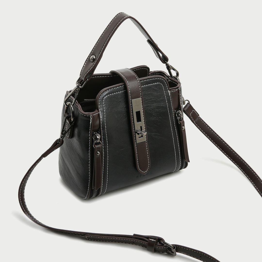 Metal turn-lock strap zip side PU leather crossbody bag