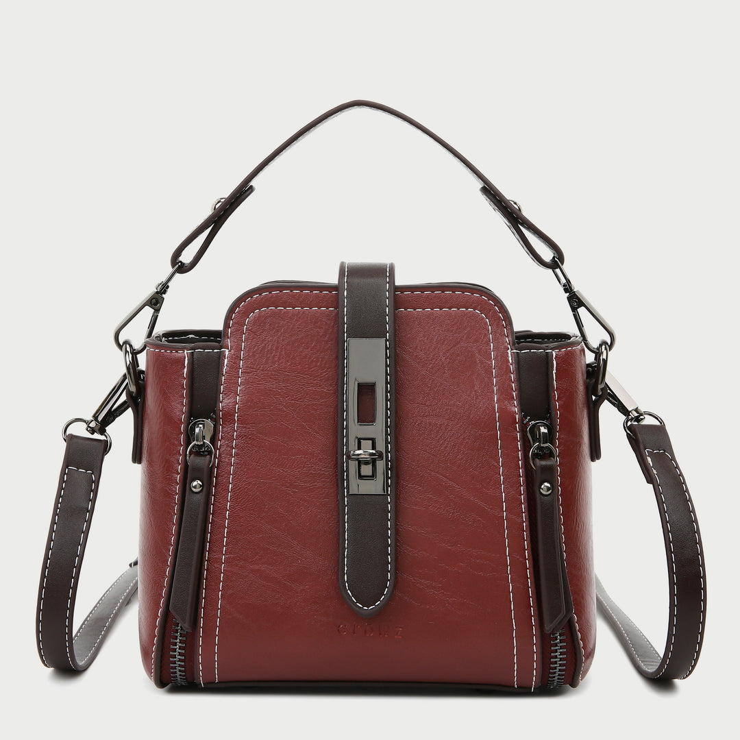 Metal turn-lock strap zip side PU leather crossbody bag