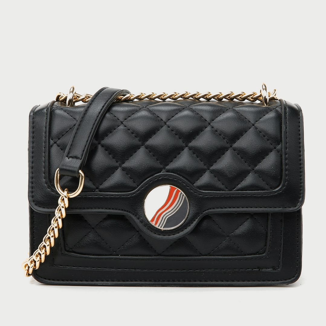 Colourblock disc embellished flap quilted PU leather crossbody bag