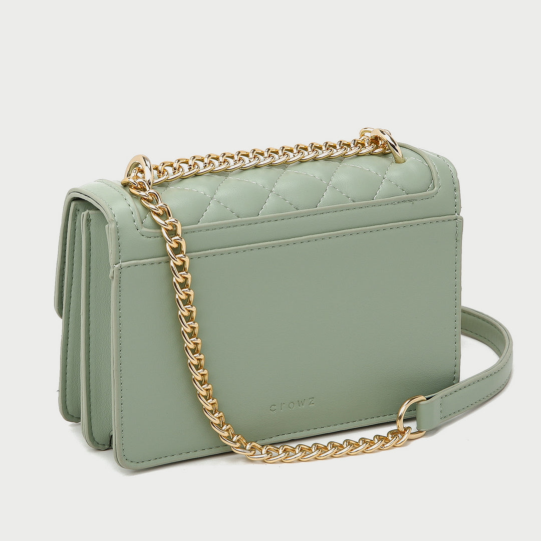Colourblock disc embellished flap quilted PU leather crossbody bag