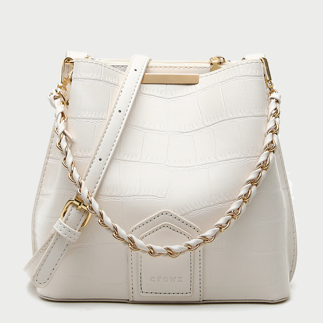 Woven chain handle croc-effect PU leather bucket bag