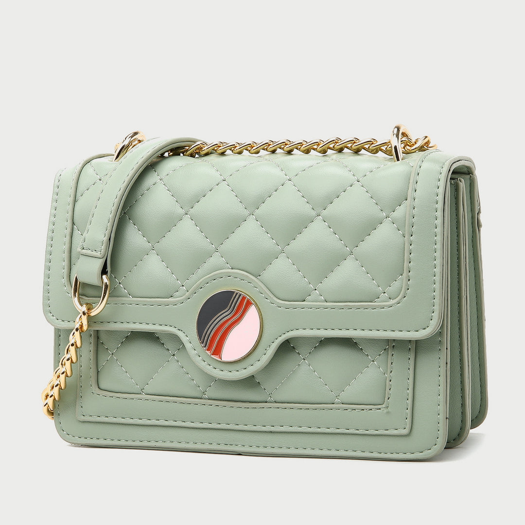 Colourblock disc embellished flap quilted PU leather crossbody bag