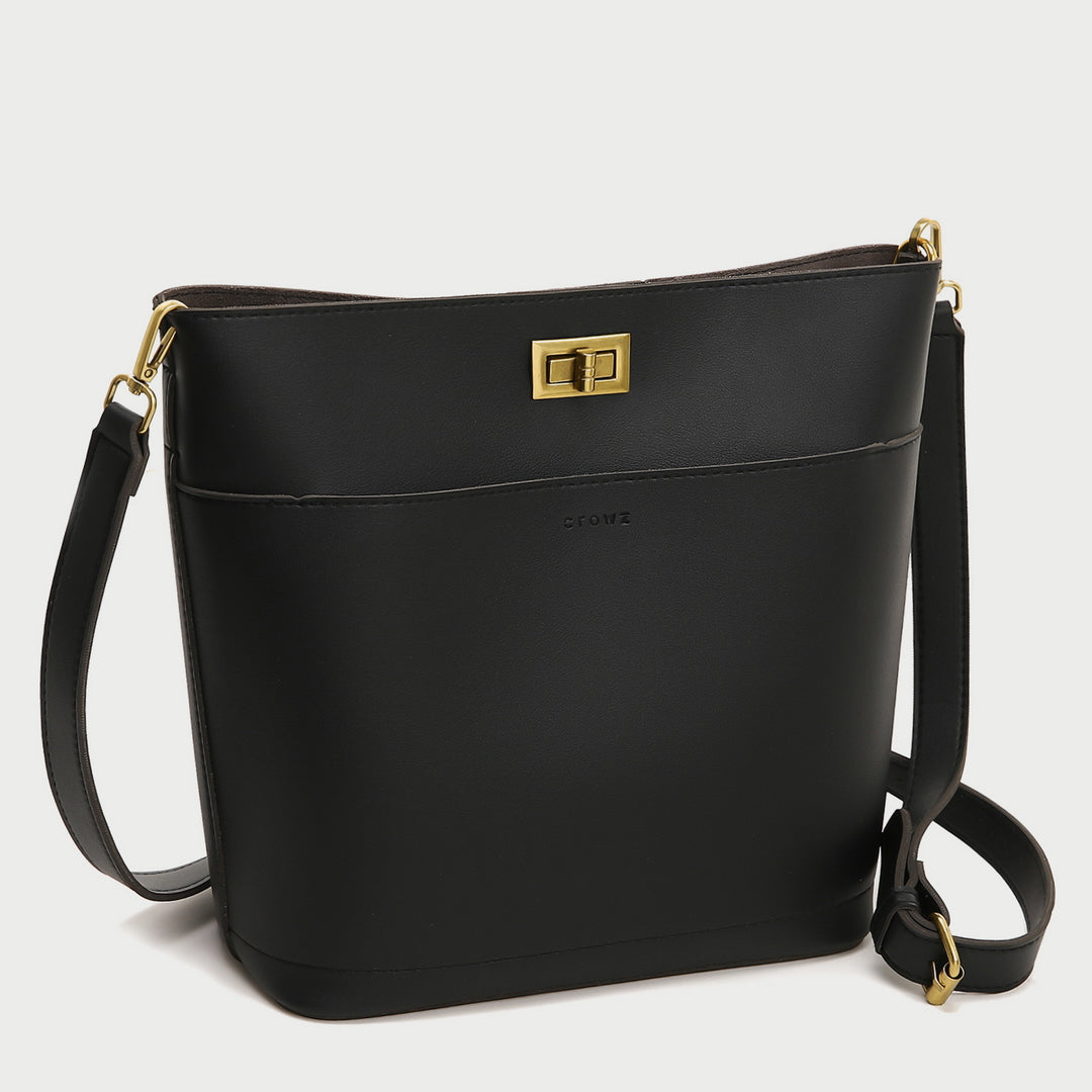 Minimalistic front pocket turn-lock PU leather bucket bag