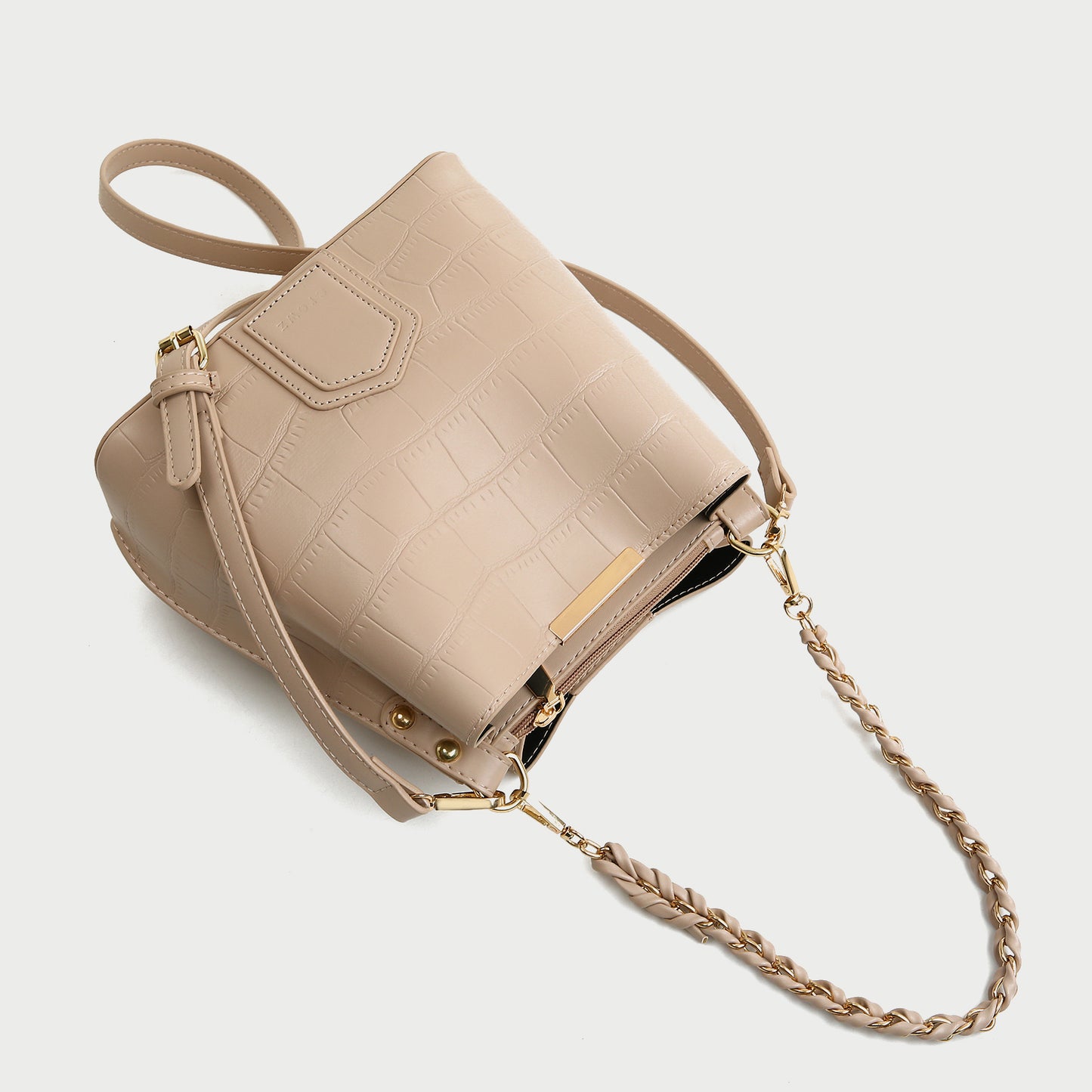 Woven chain handle croc-effect PU leather bucket bag