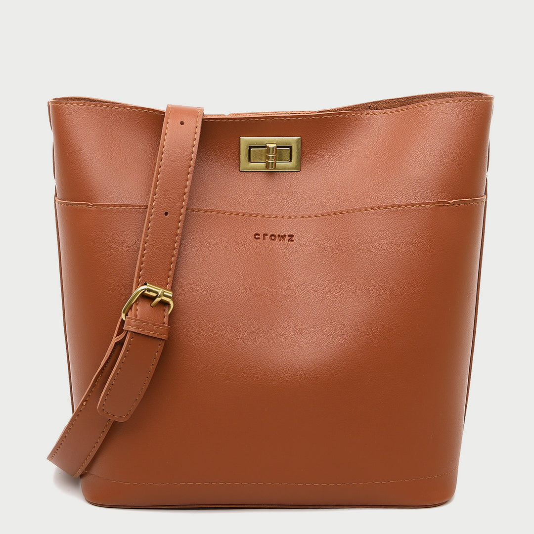 Minimalistic front pocket turn-lock PU leather bucket bag