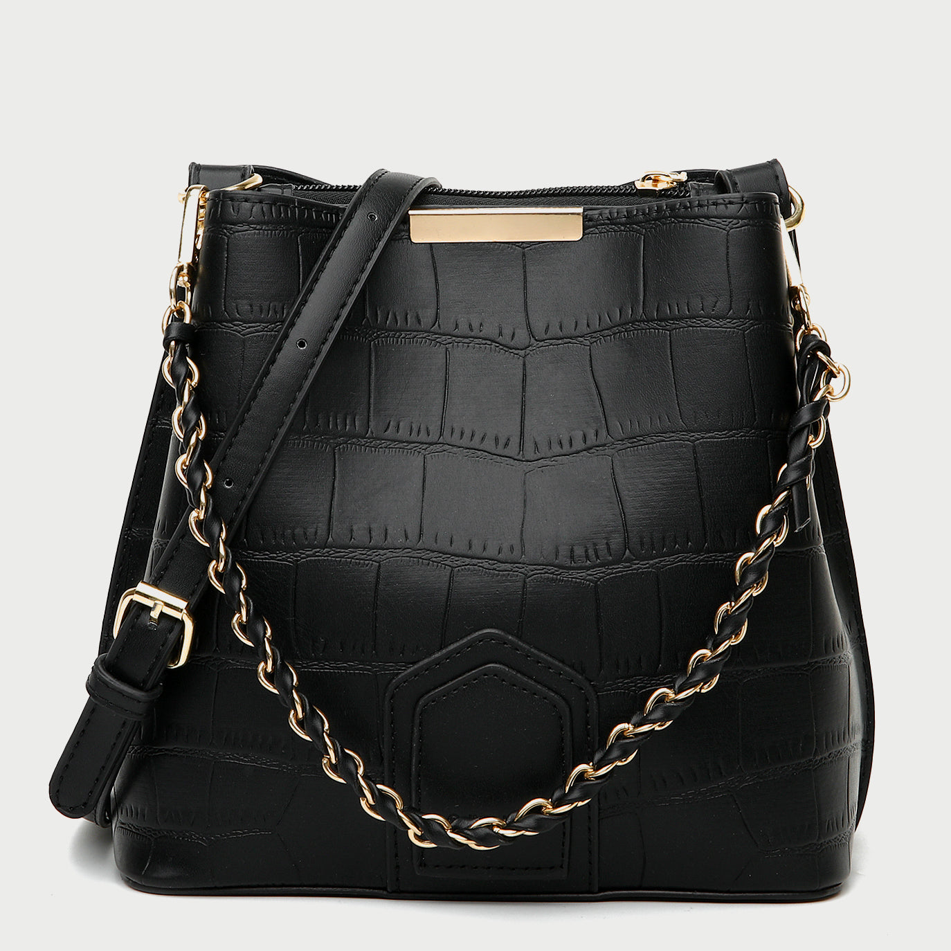 Woven chain handle croc-effect PU leather bucket bag