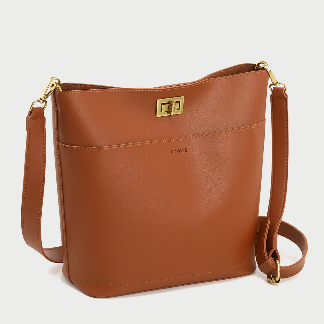 Minimalistic front pocket turn-lock PU leather bucket bag