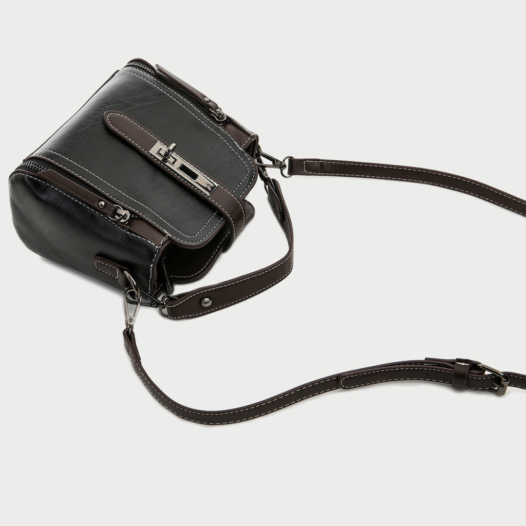 Metal turn-lock strap zip side PU leather crossbody bag