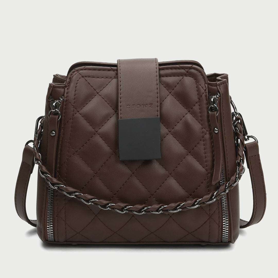 Woven chain strap zipped detail quilted PU leather crossbody bag