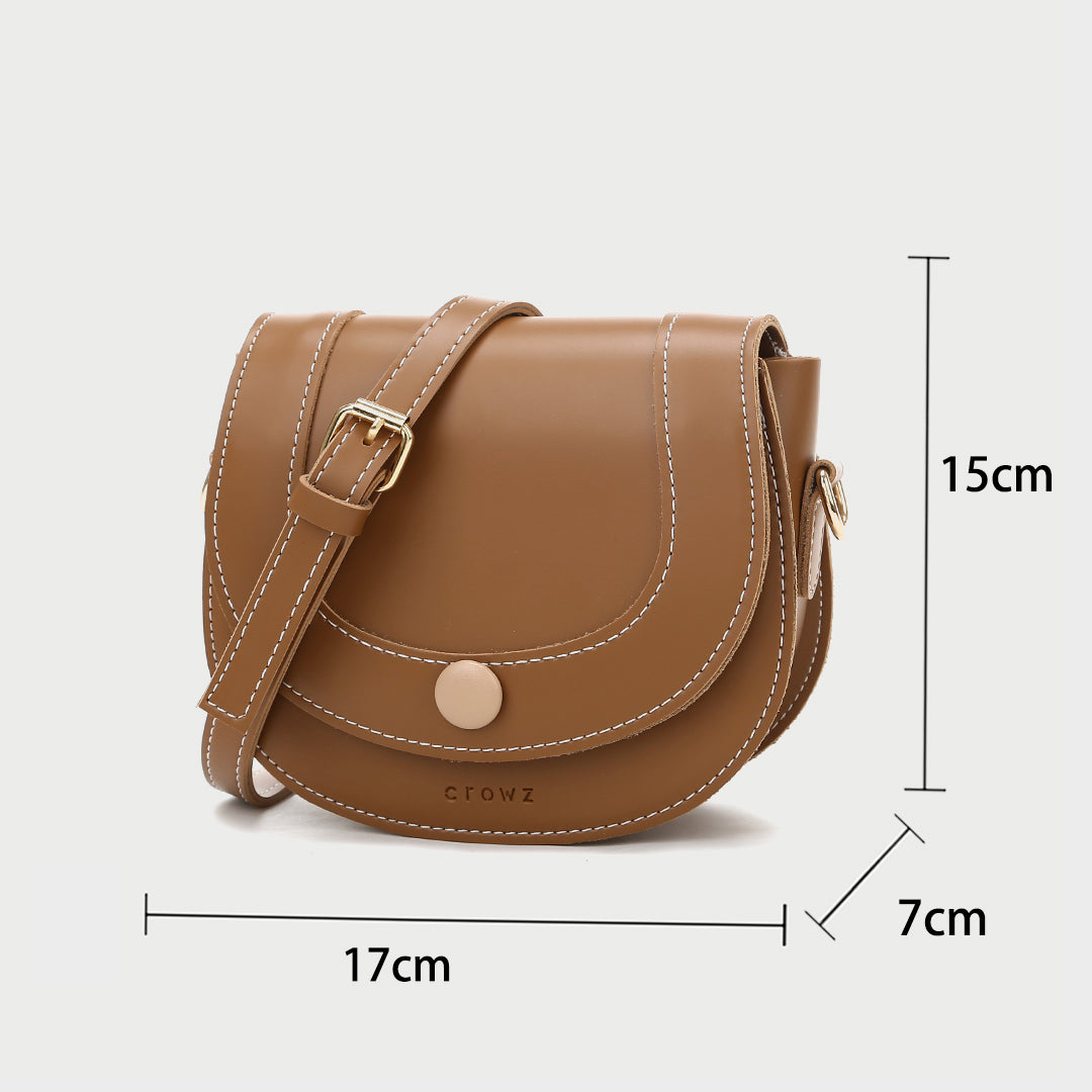 Contrast stud topstitched PU leather saddle bag