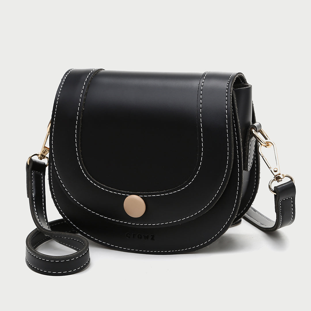 Contrast stud topstitched PU leather saddle bag