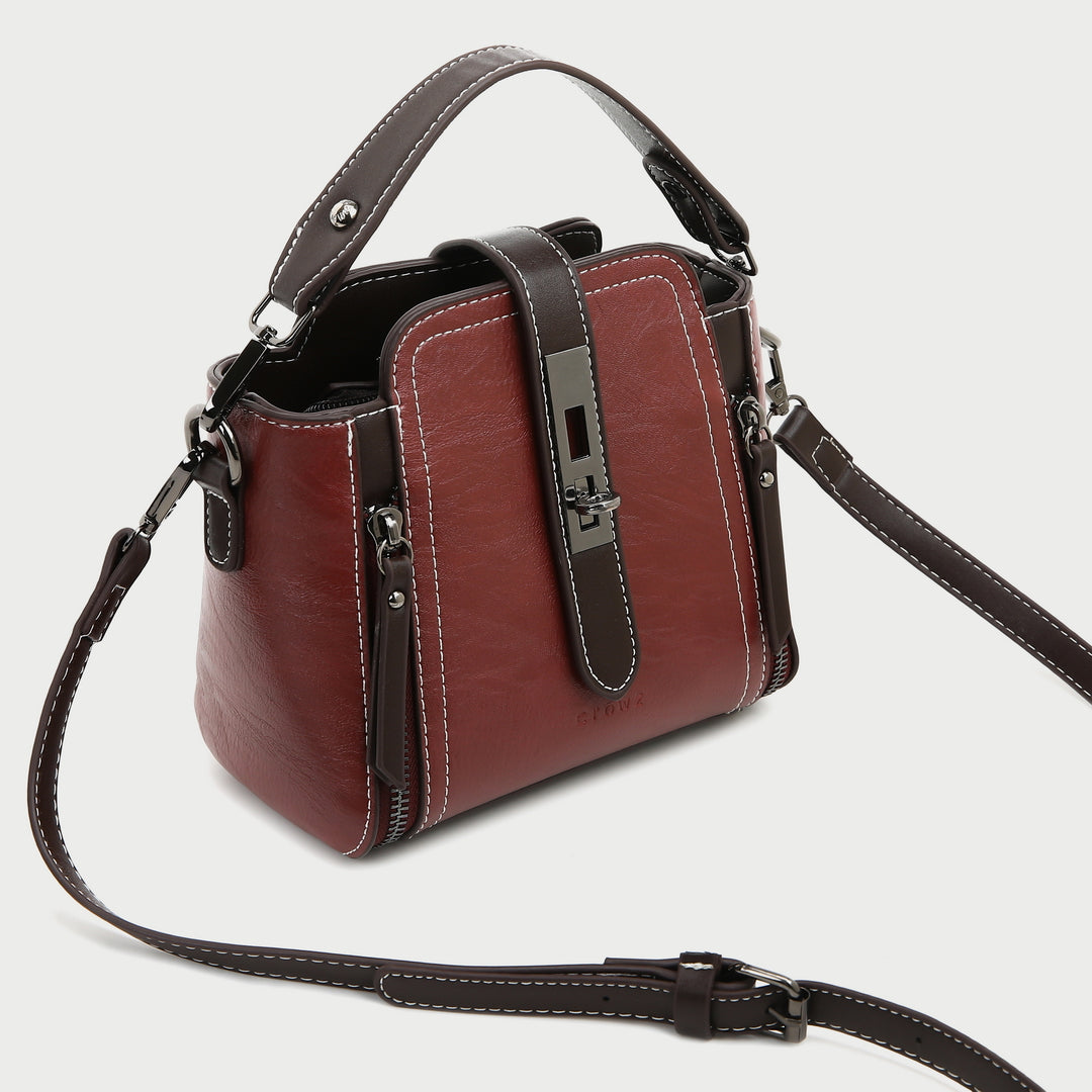 Metal turn-lock strap zip side PU leather crossbody bag