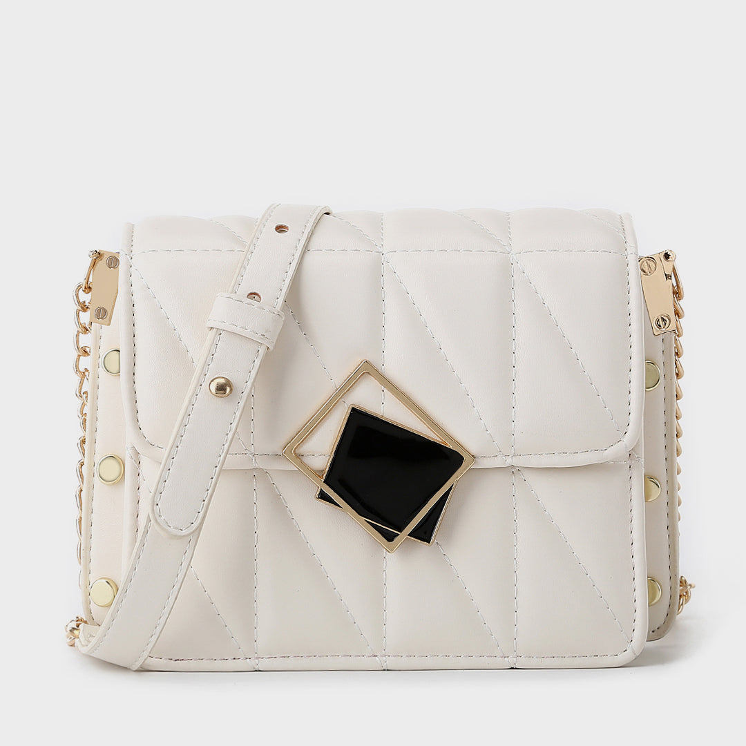 Contrast frame flap studded quilted PU leather crossbody bag