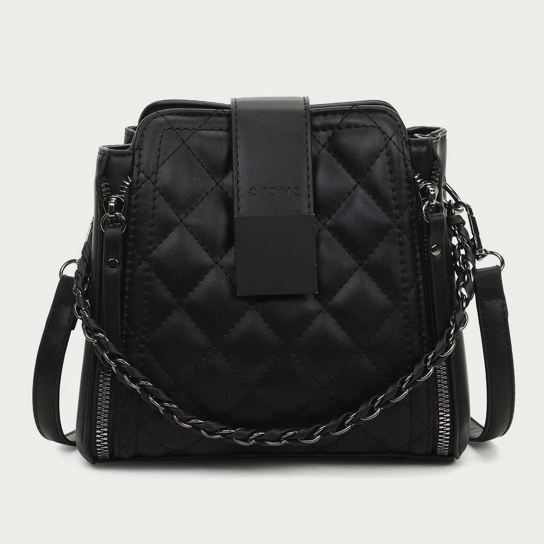 Woven chain strap zipped detail quilted PU leather crossbody bag