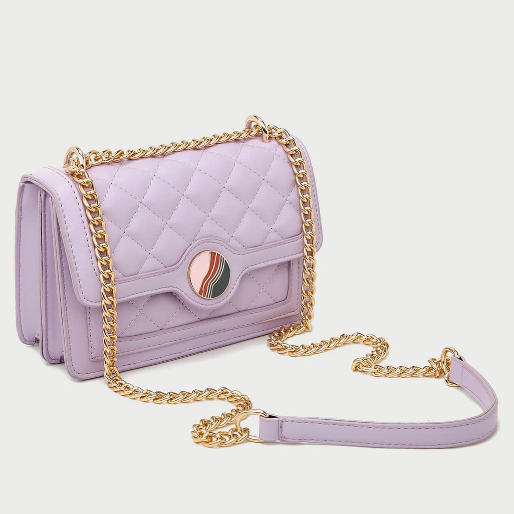 Colourblock disc embellished flap quilted PU leather crossbody bag