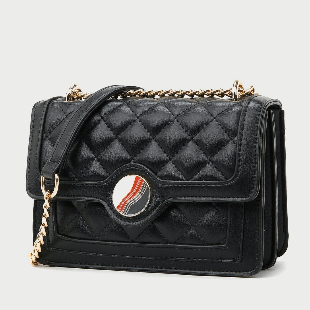 Colourblock disc embellished flap quilted PU leather crossbody bag
