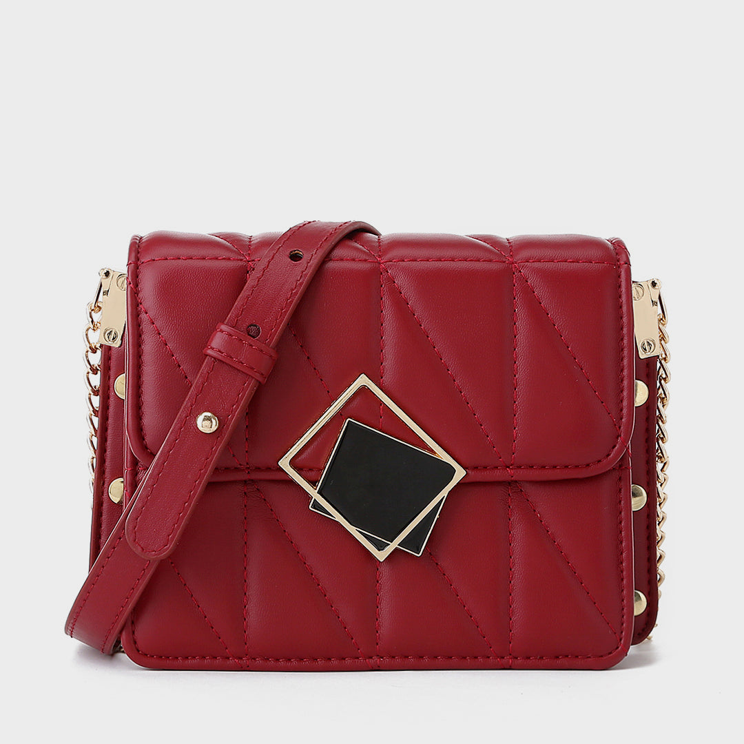 Contrast frame flap studded quilted PU leather crossbody bag