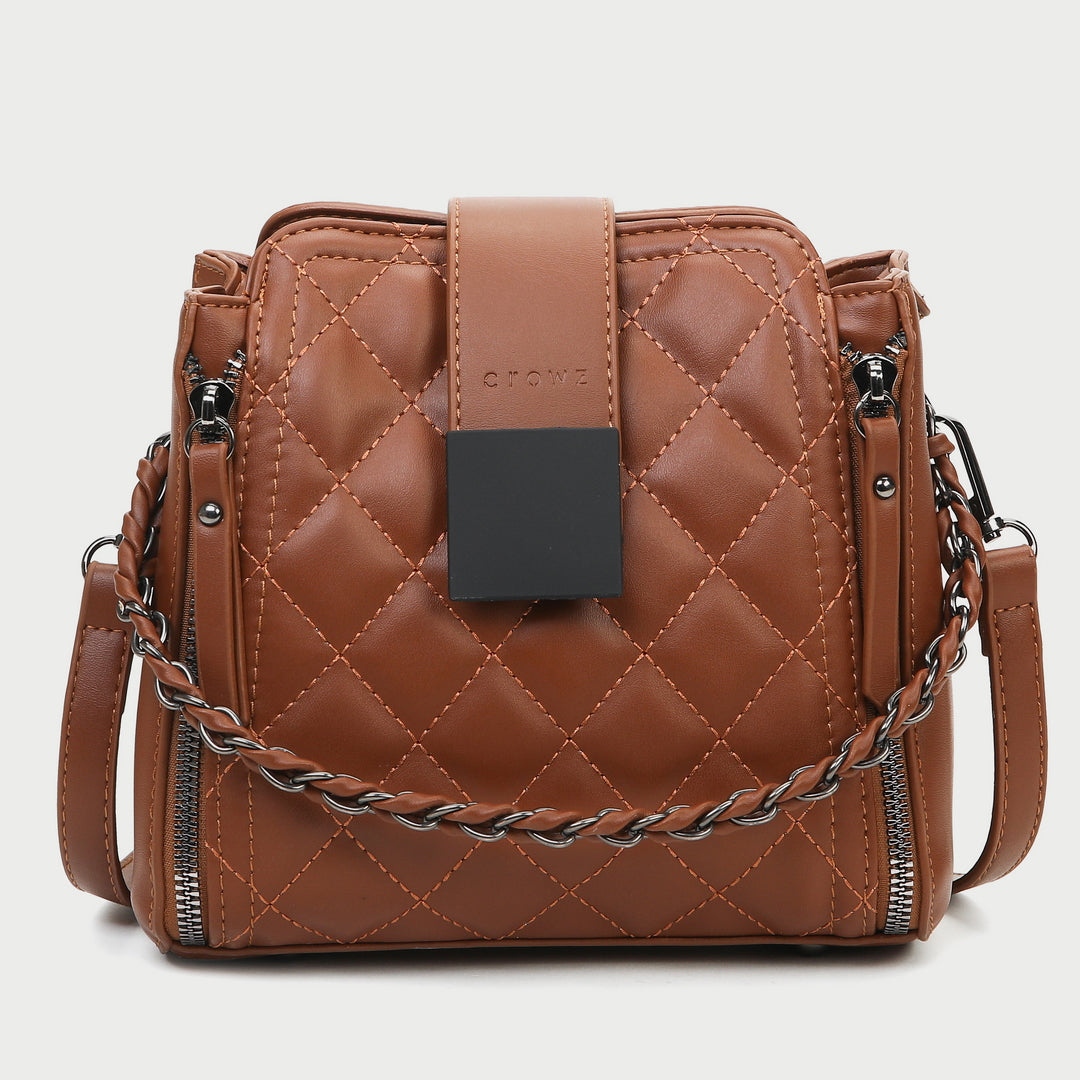 Woven chain strap zipped detail quilted PU leather crossbody bag