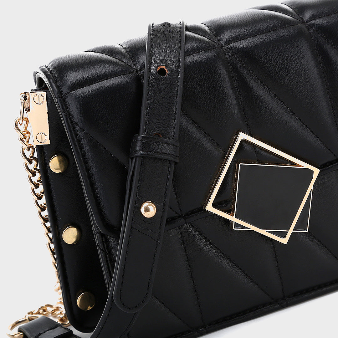 Contrast frame flap studded quilted PU leather crossbody bag