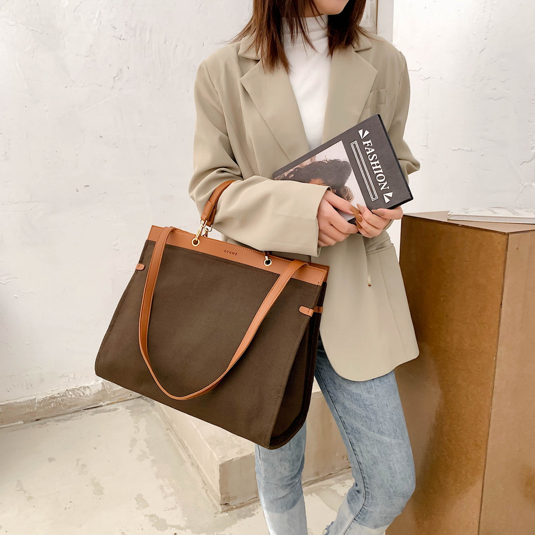 PU leather trim optional-handle roomy canvas tote bag