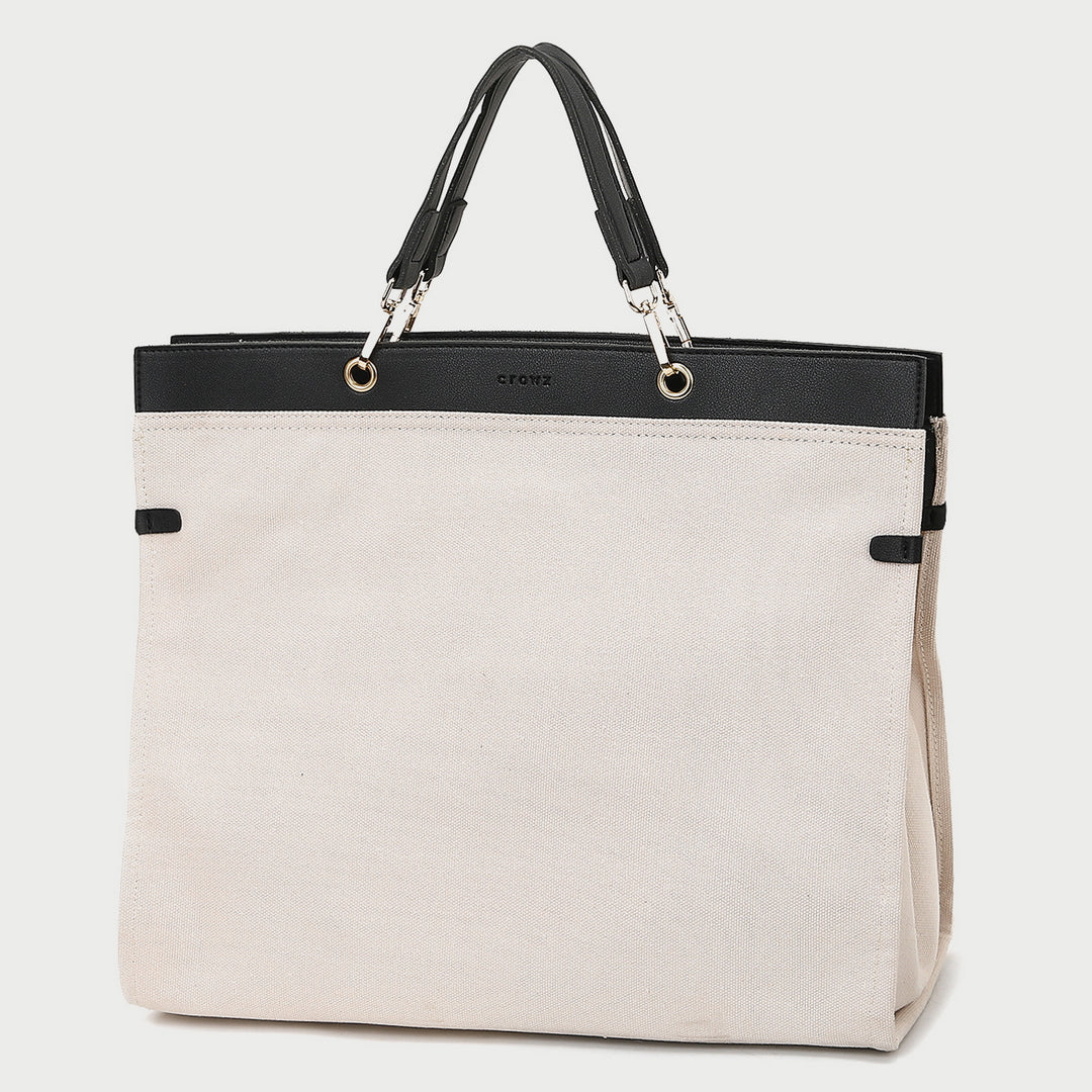 PU leather trim optional-handle roomy canvas tote bag