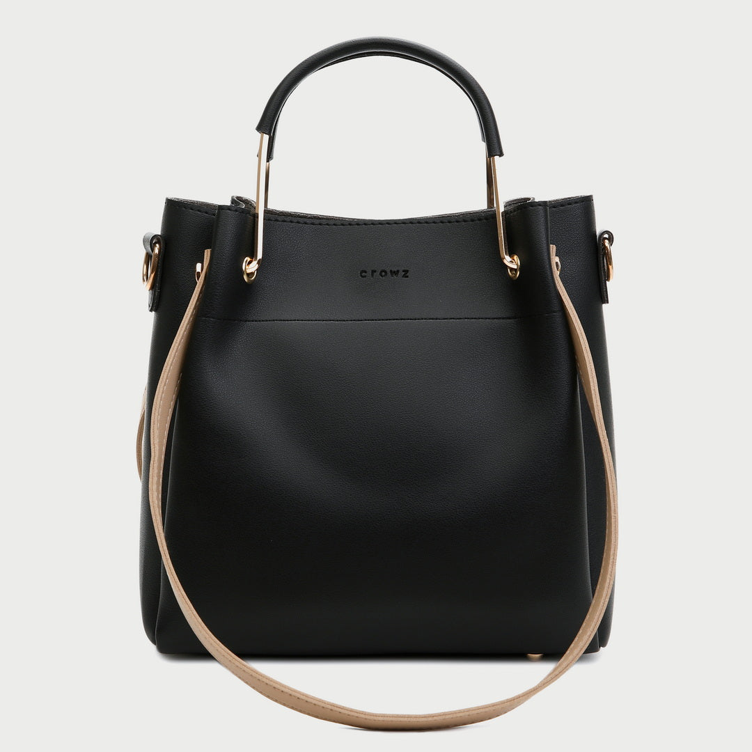 Metal handle contrast strap PU leather bucket bag