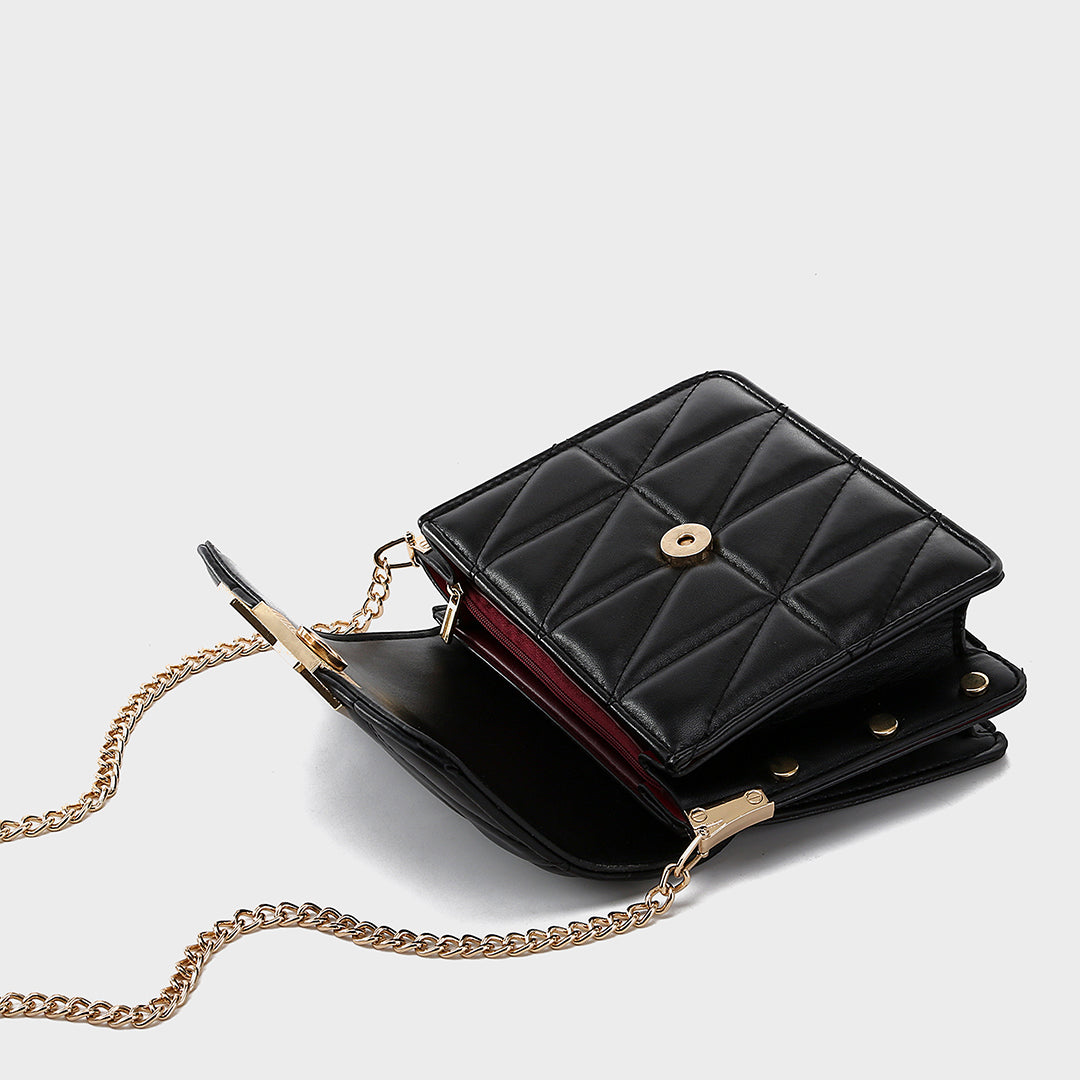 Contrast frame flap studded quilted PU leather crossbody bag