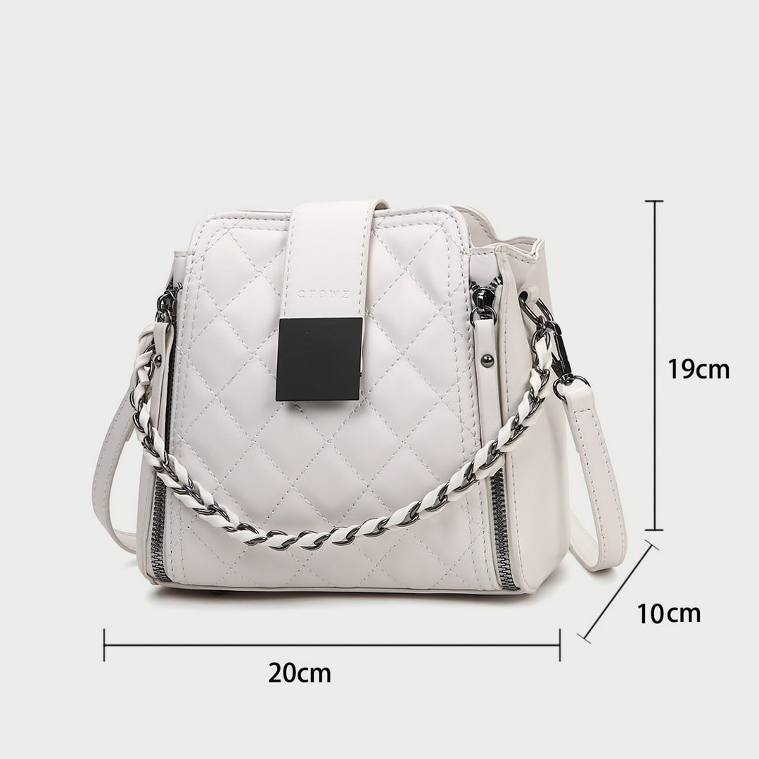 Woven chain strap zipped detail quilted PU leather crossbody bag