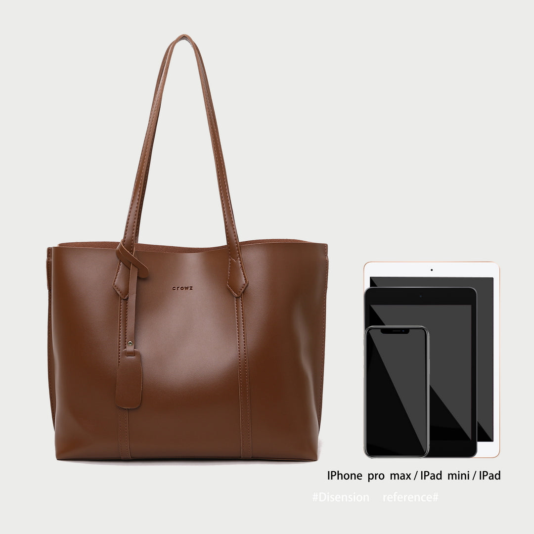 Modern minimal dual compartment zip pocket roomy PU leather tote