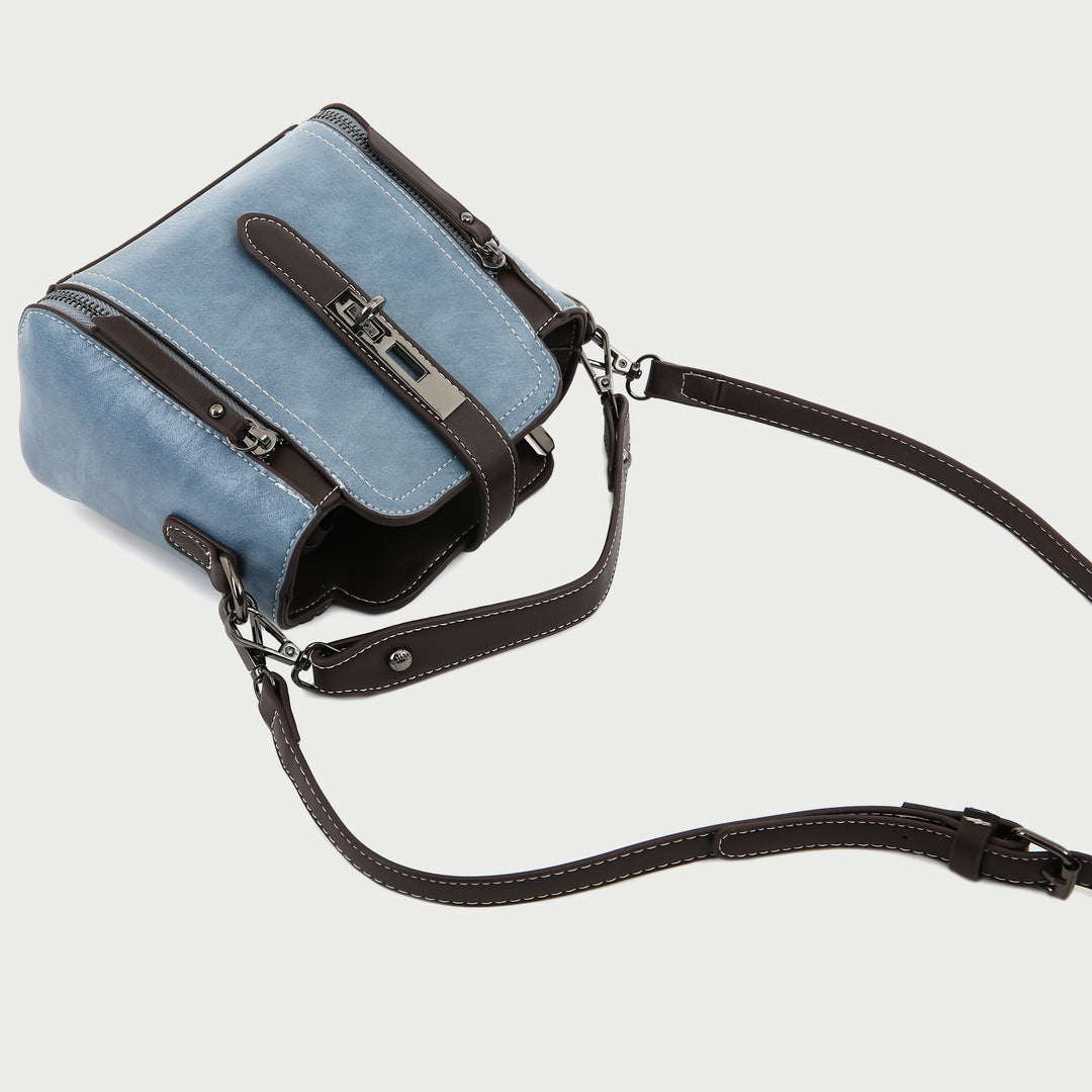Metal turn-lock strap zip side PU leather crossbody bag