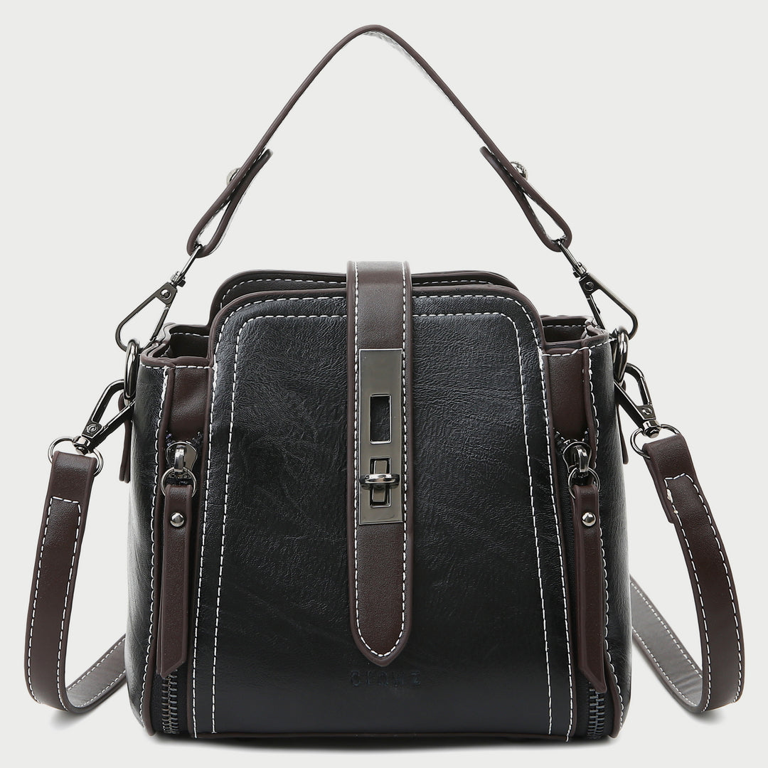 Metal turn-lock strap zip side PU leather crossbody bag