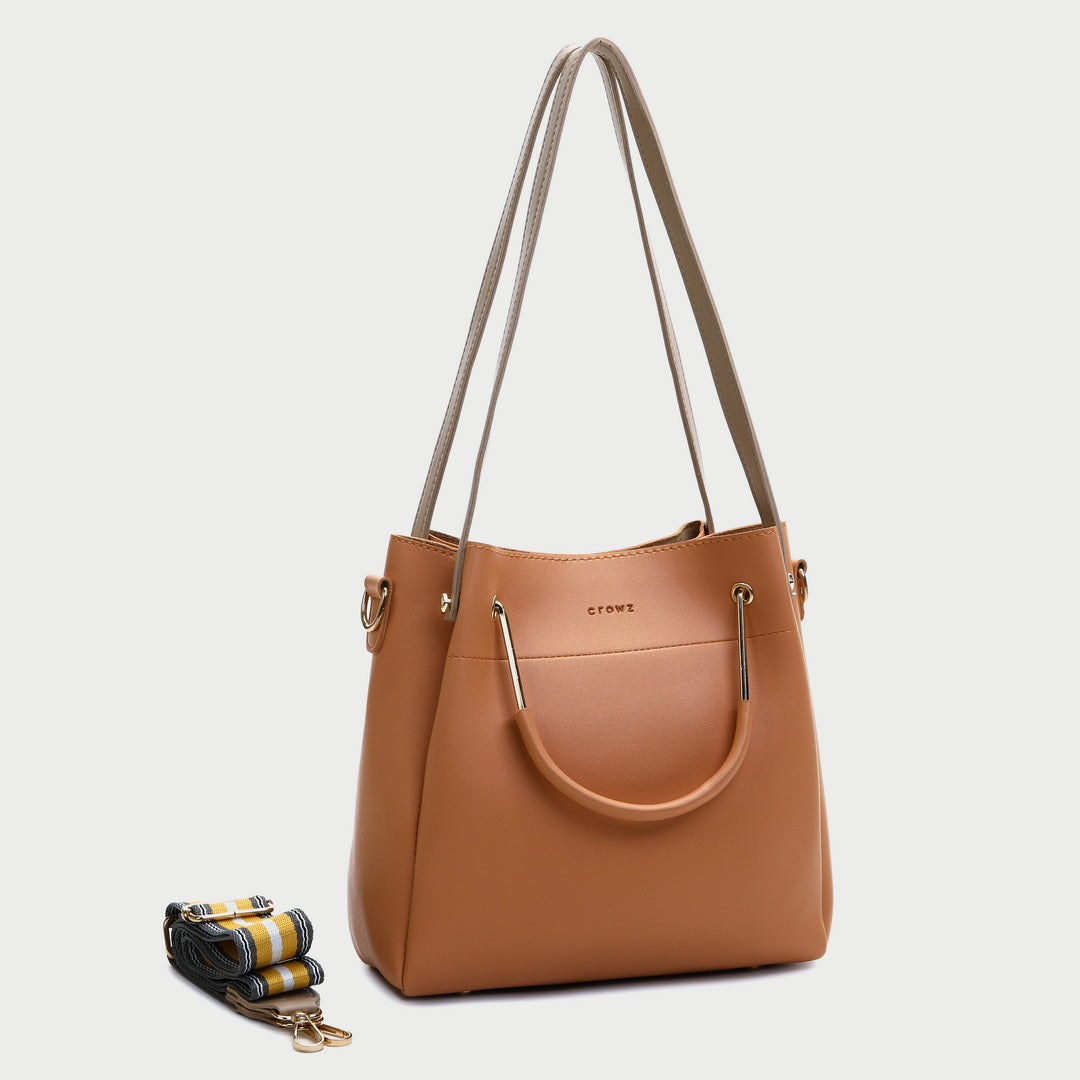 Metal handle contrast strap PU leather bucket bag