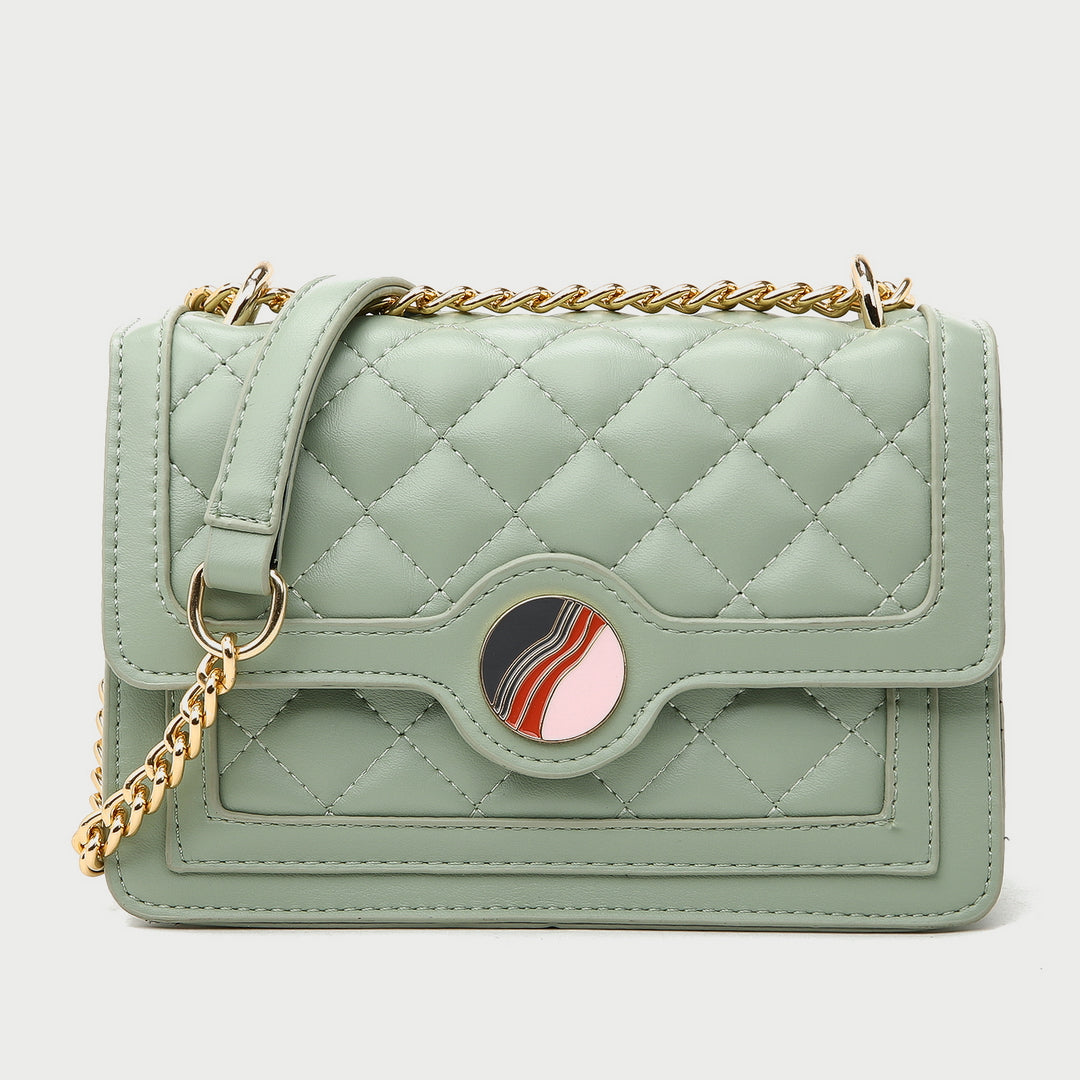 Colourblock disc embellished flap quilted PU leather crossbody bag