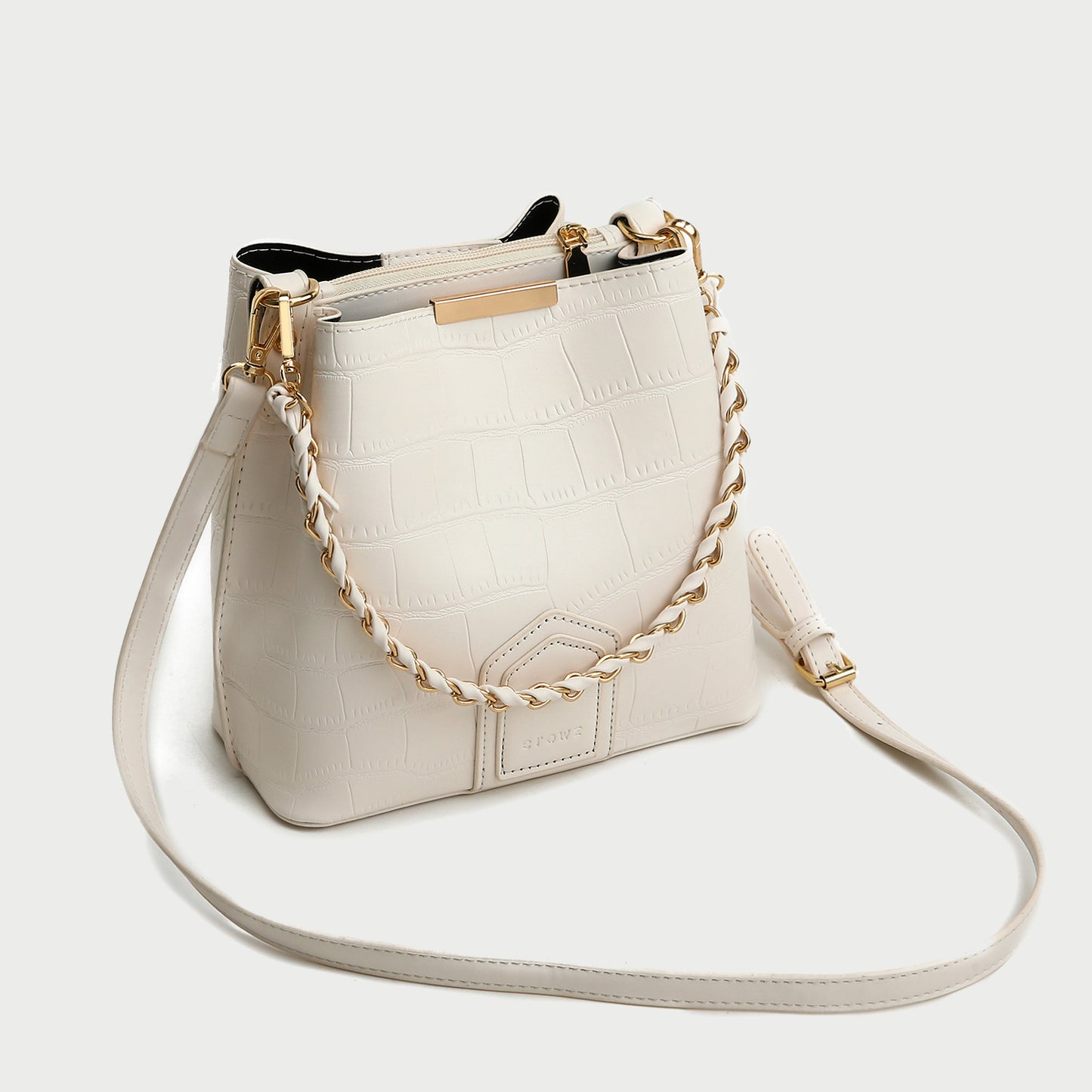 Woven chain handle croc-effect PU leather bucket bag