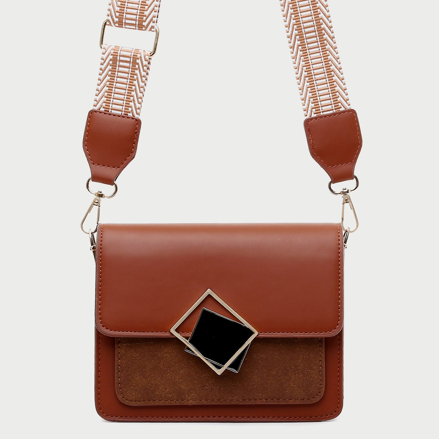 Contrast frame flap stripe strap PU leather crossbody bag