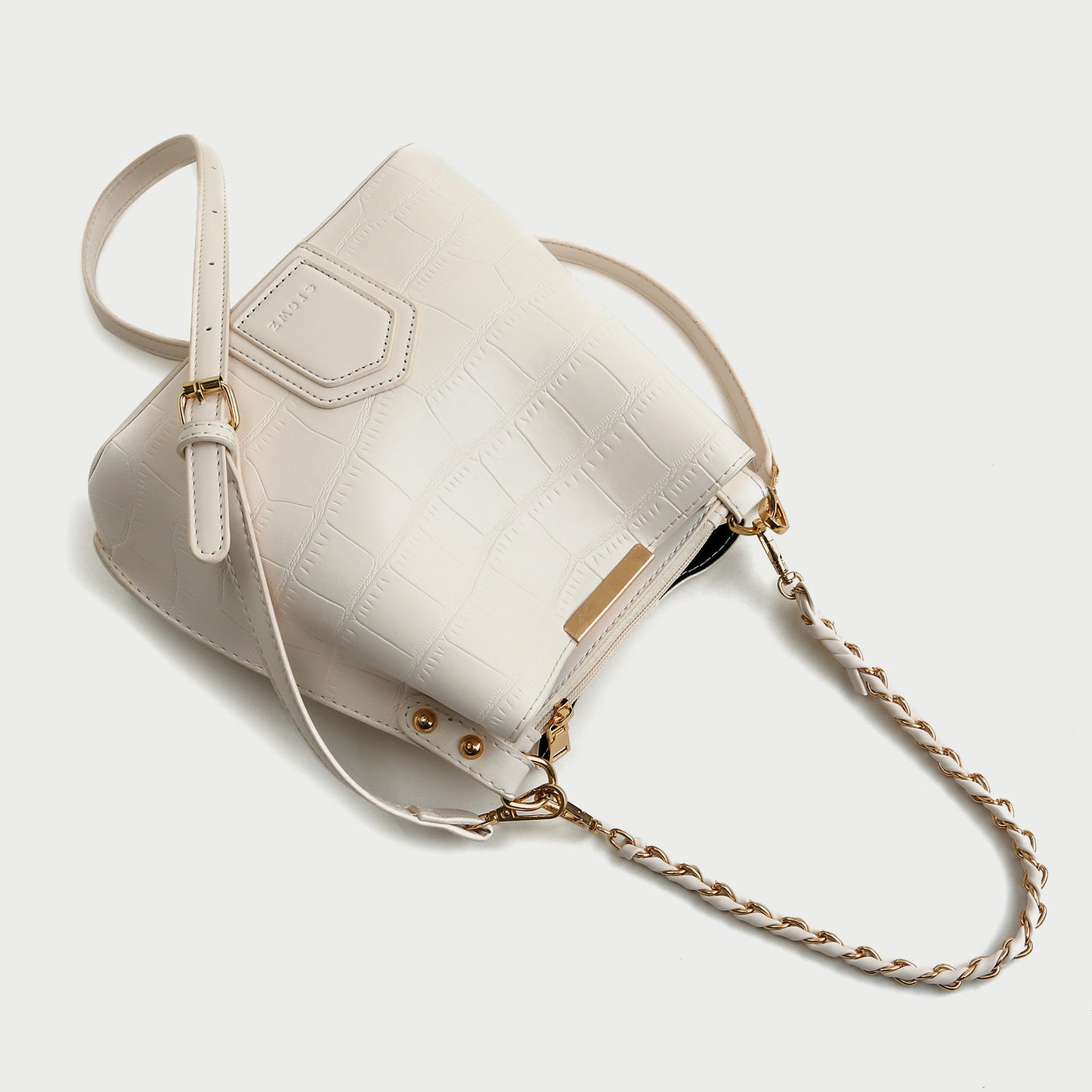 Woven chain handle croc-effect PU leather bucket bag