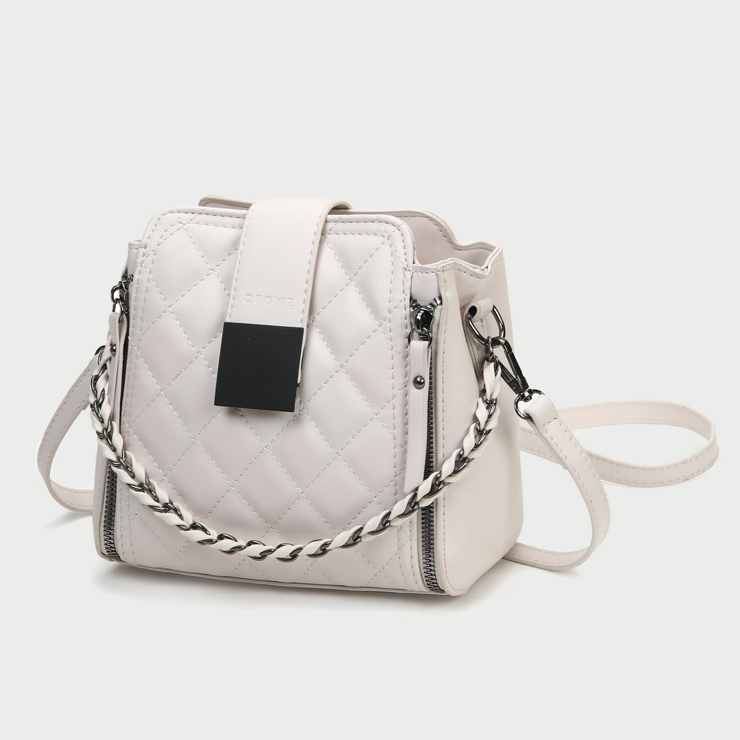 Woven chain strap zipped detail quilted PU leather crossbody bag