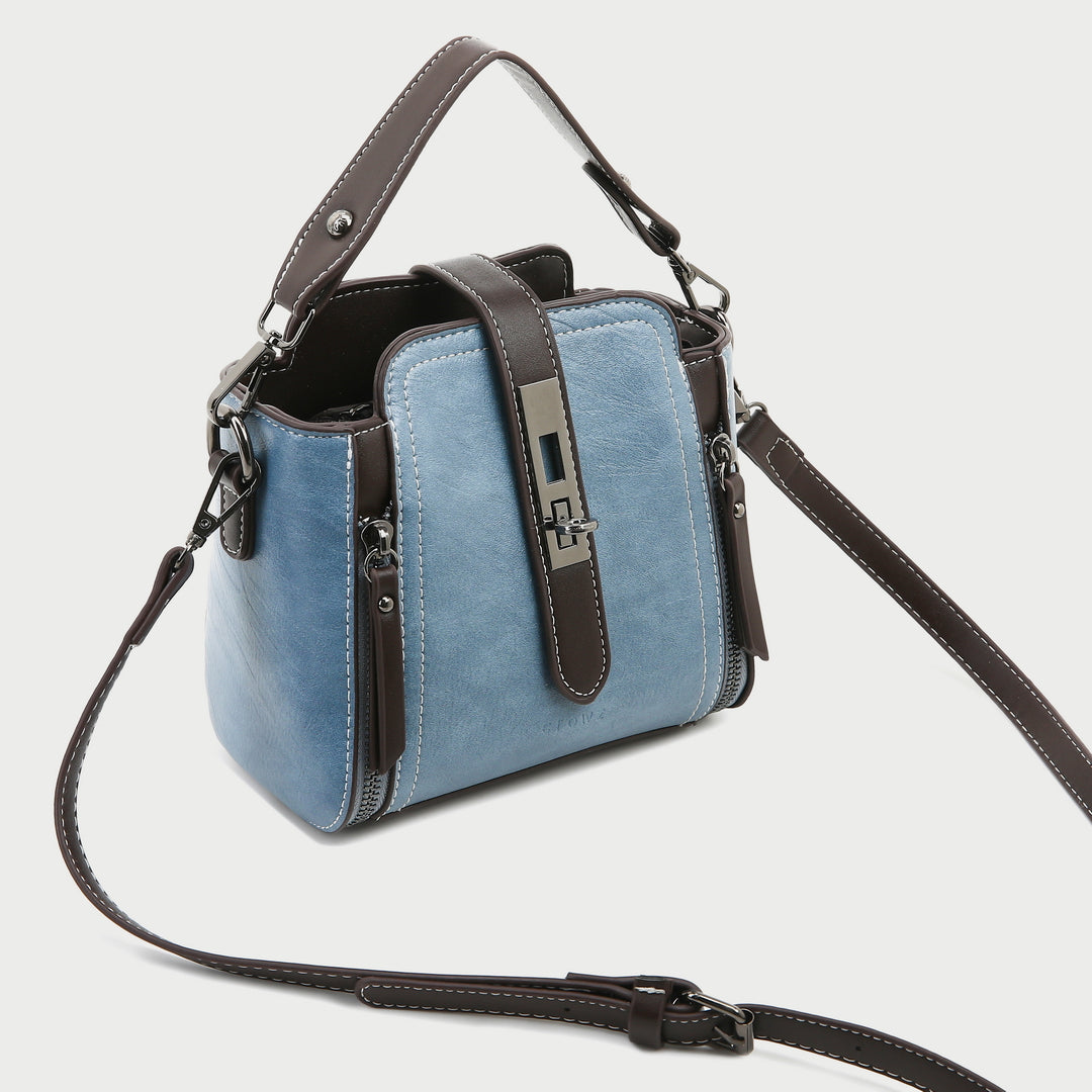 Metal turn-lock strap zip side PU leather crossbody bag