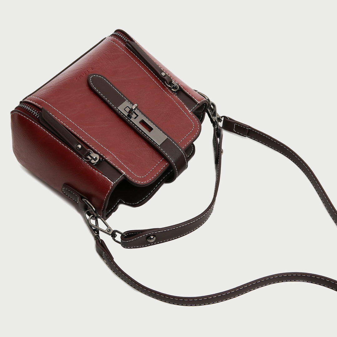 Metal turn-lock strap zip side PU leather crossbody bag