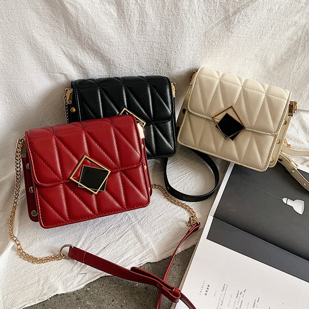 Contrast frame flap studded quilted PU leather crossbody bag