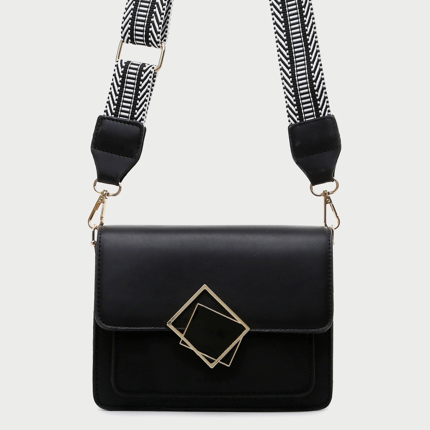 Contrast frame flap stripe strap PU leather crossbody bag