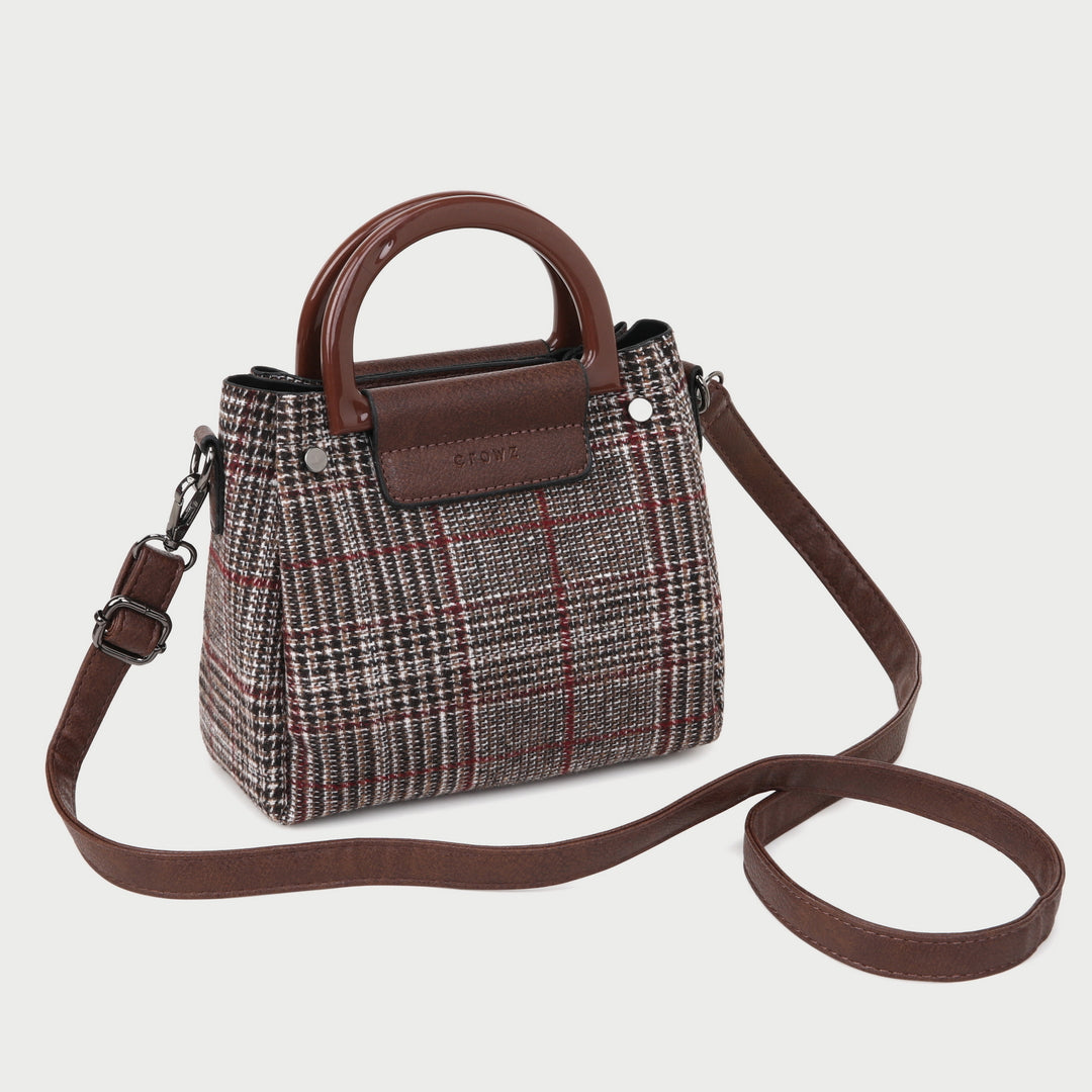 D-shape handle glen plaid 2-in-1 PU leather canvas crossbody bag