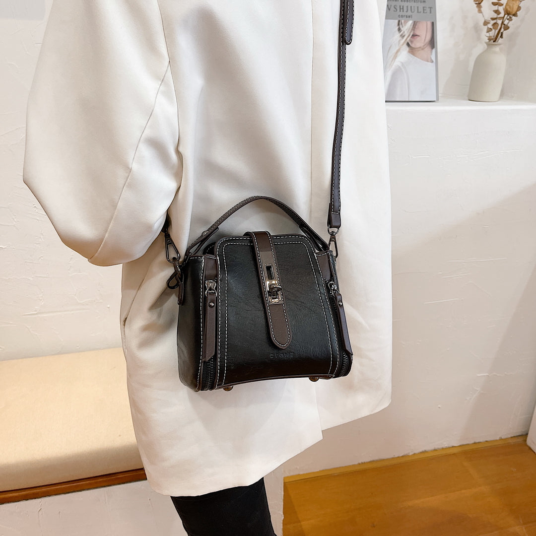 Metal turn-lock strap zip side PU leather crossbody bag