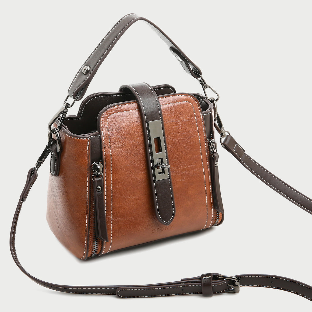 Metal turn-lock strap zip side PU leather crossbody bag