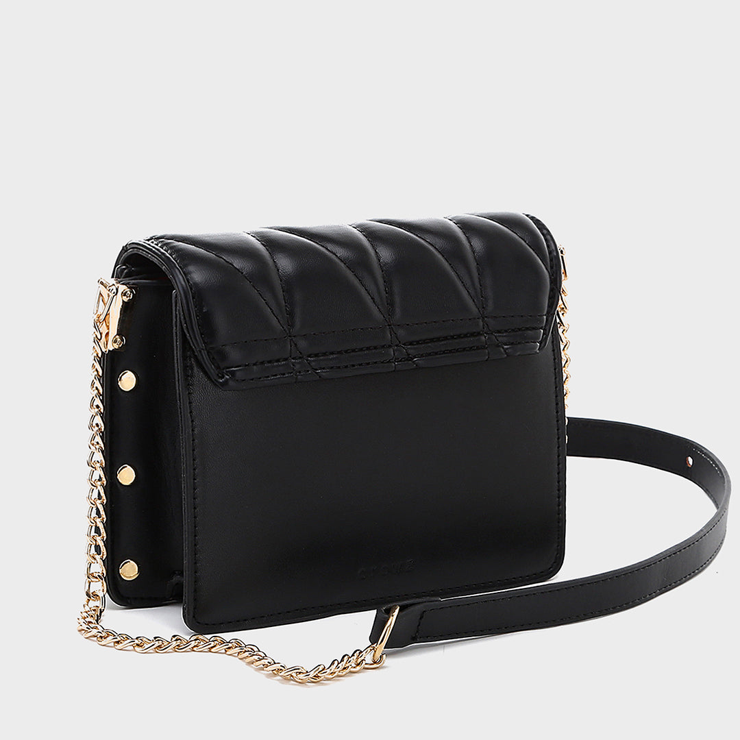 Contrast frame flap studded quilted PU leather crossbody bag