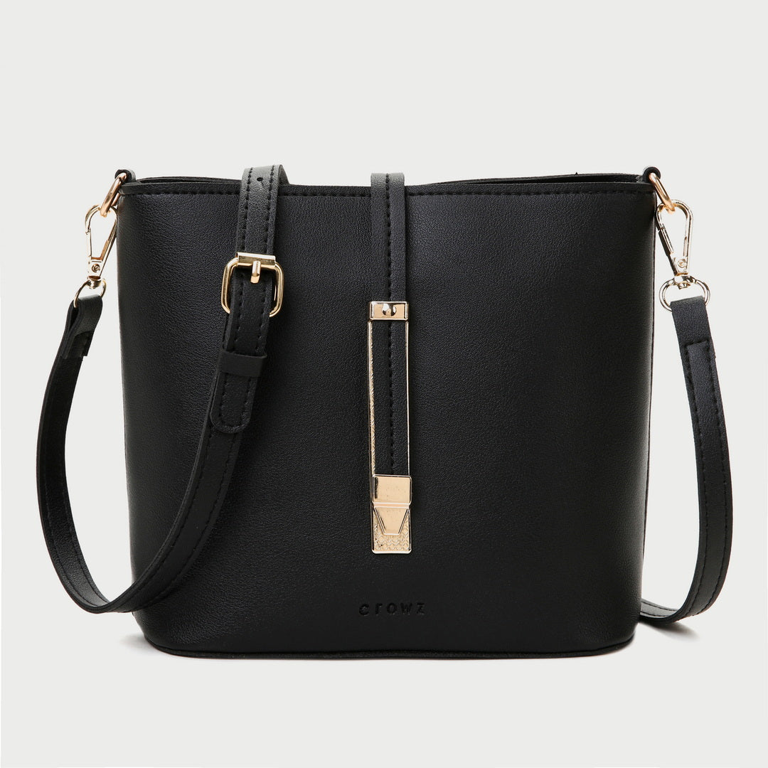 Metal accent strap PU leather crossbody bag