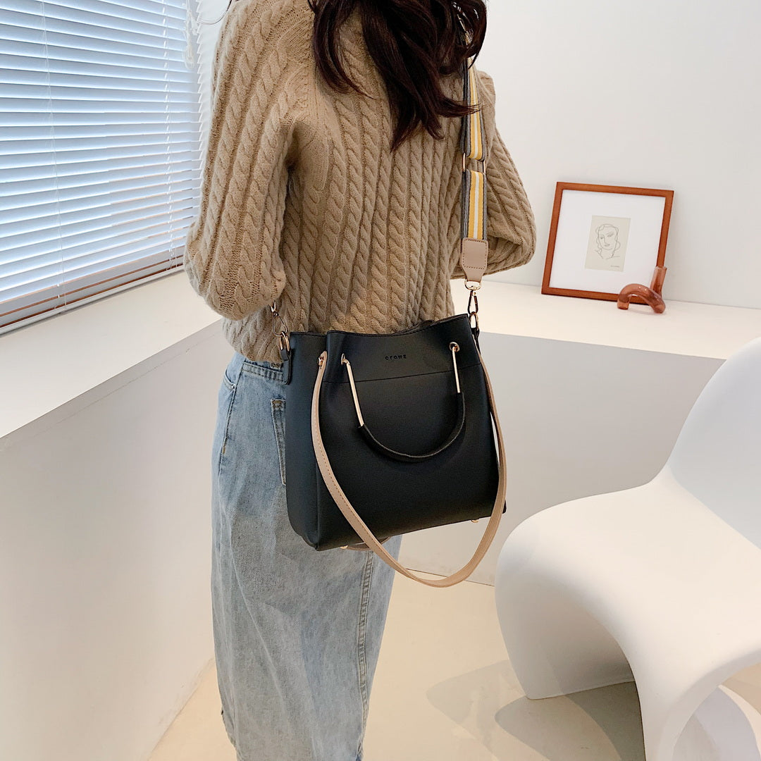 Metal handle contrast strap PU leather bucket bag