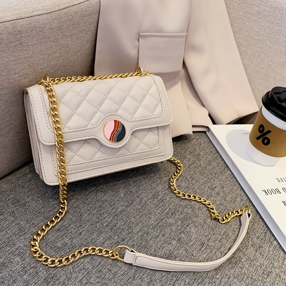 Colourblock disc embellished flap quilted PU leather crossbody bag