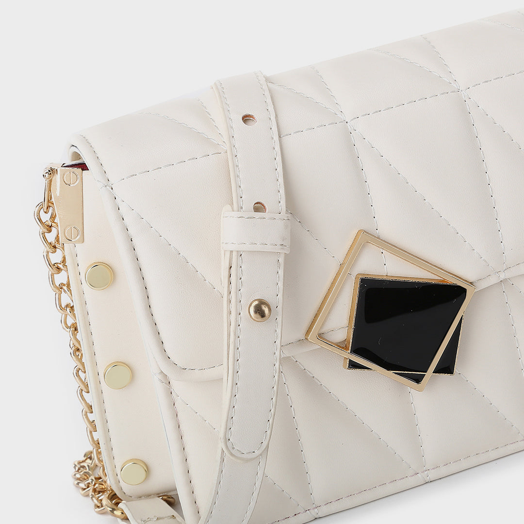 Contrast frame flap studded quilted PU leather crossbody bag