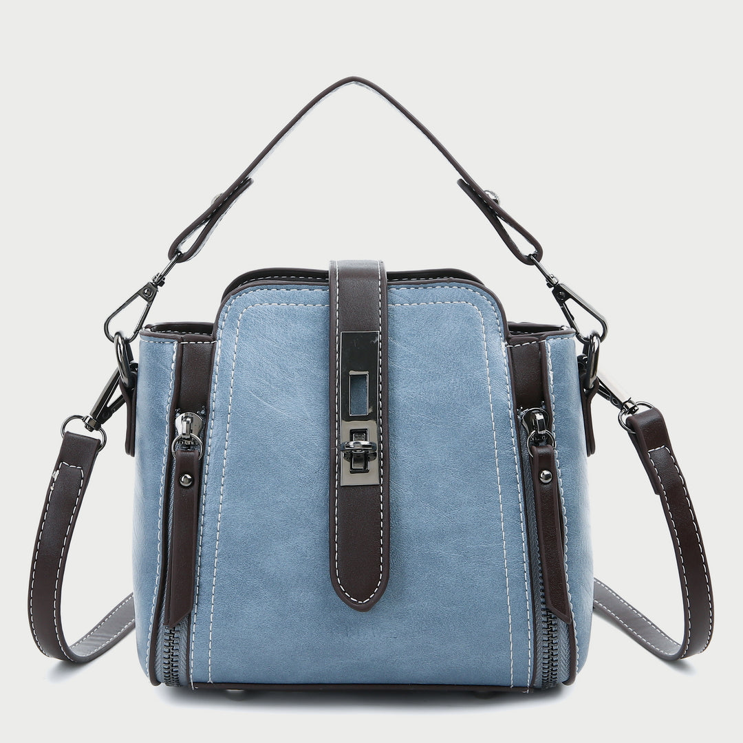 Metal turn-lock strap zip side PU leather crossbody bag